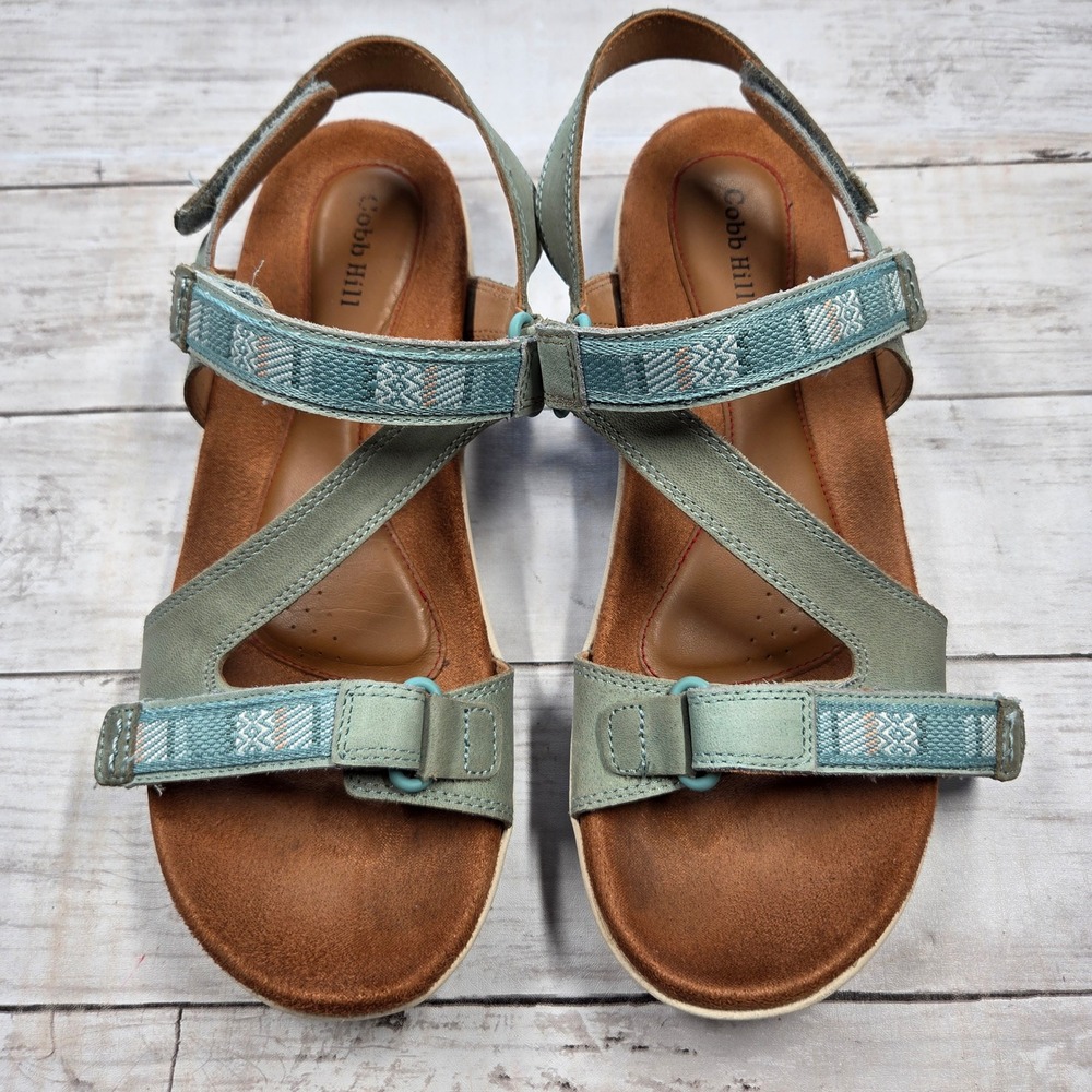 Cobb Hill Women 9 Sage Green Leather Strappy Comfort Walking Sandals Adjustable